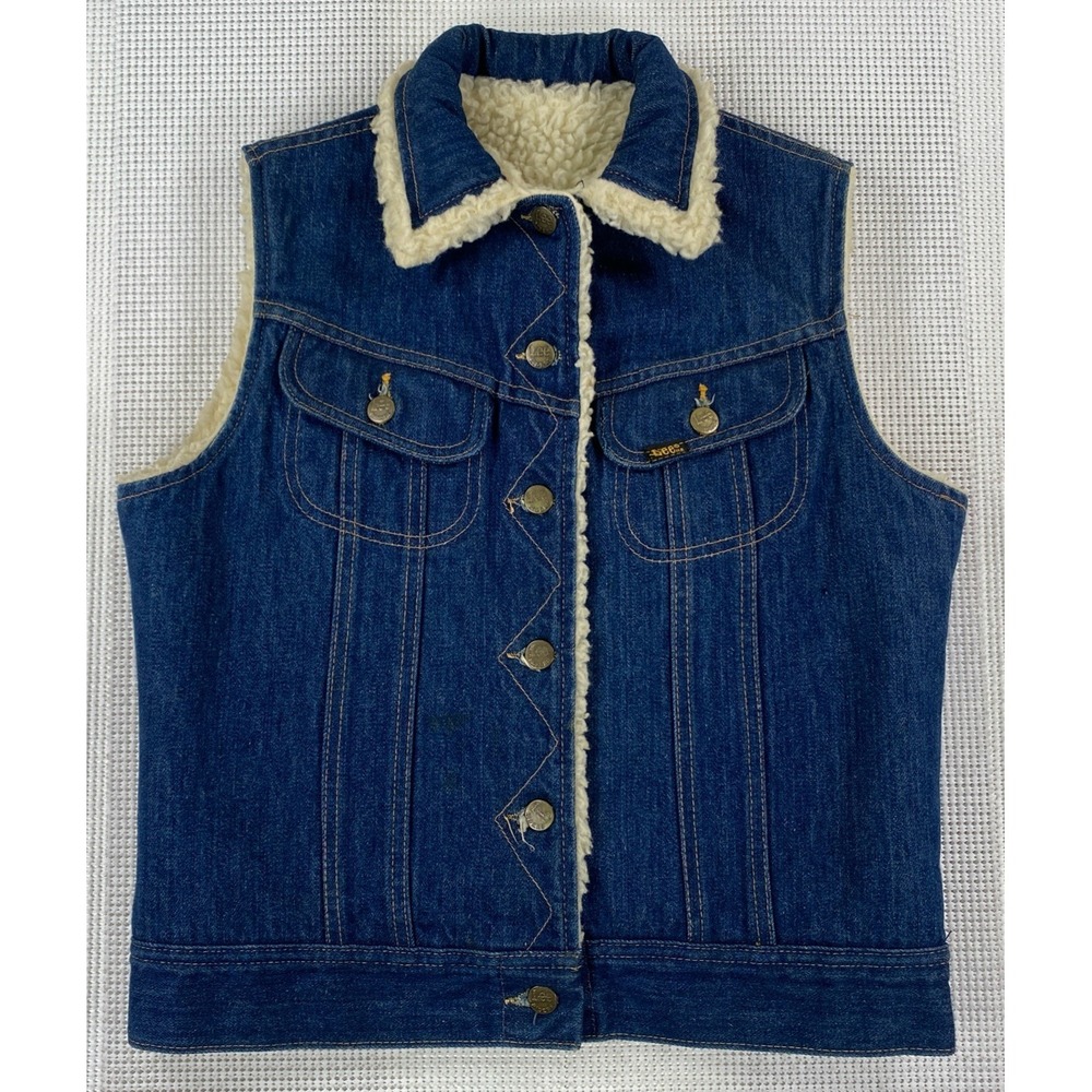 Vintage Lee Riders Sherpa Lined Blue Denim Vest USA Women's Size 7/8